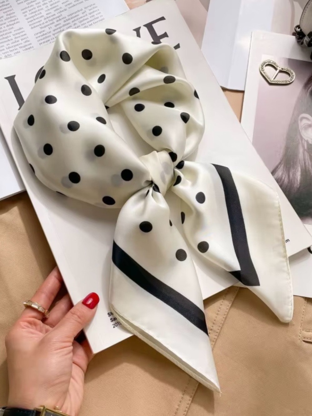 Polka Dot Square Scarf Black Cream Satin 27.5” | New
